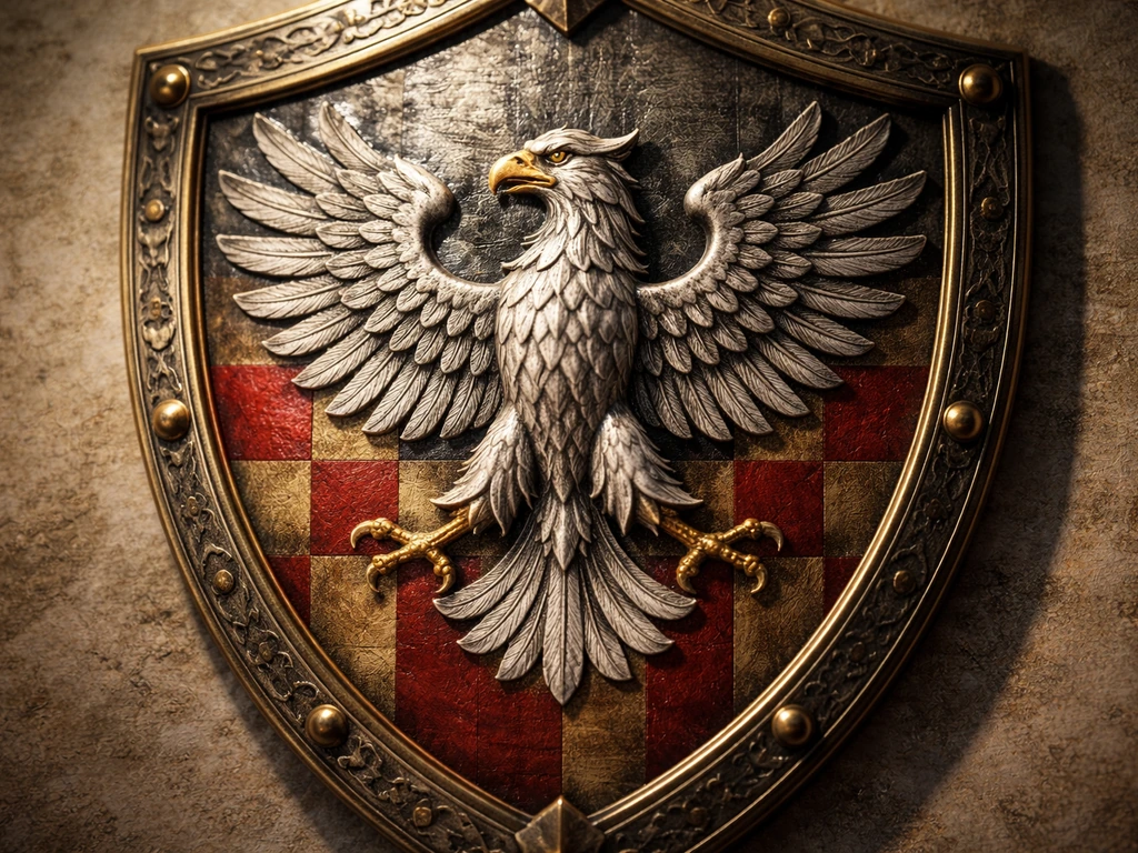 Close-up of a generic heraldic eagle-like bird on a shield with intricate blazon details