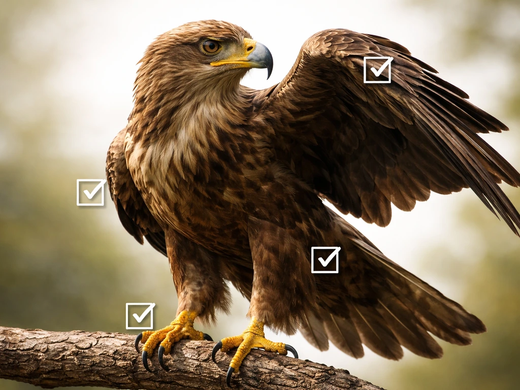 Close-up of a perched heraldic bird showing visible talons, wing position, beak direction, and tail shape with checkboxe