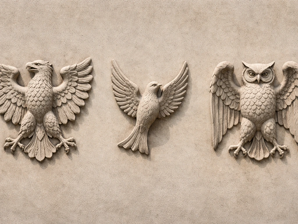 Three carved heraldic birds side-by-side: displayed eagle, martlet, and owl on plain stone background.