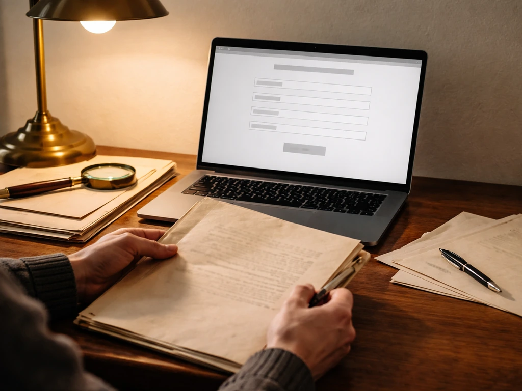 Person researching coat-of-arms records in a quiet study, with documents and a laptop open