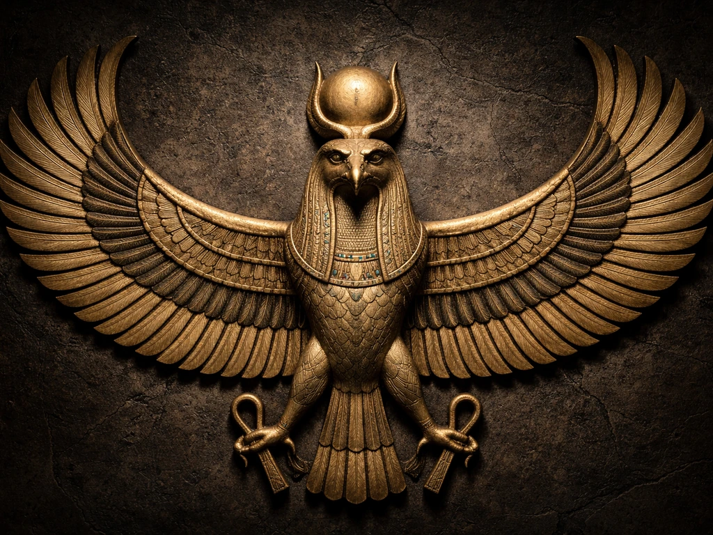 Detailed falcon-headed Horus motif with flared wings on a dark Egyptian-textured background.