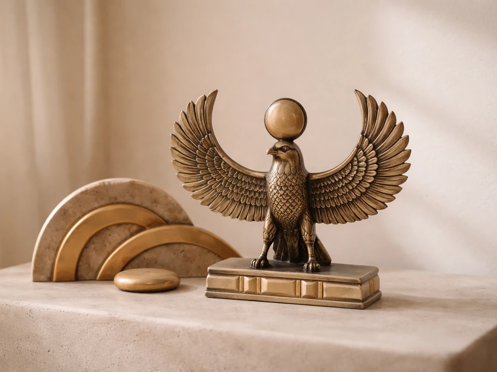 Minimal photo of a wing-spread falcon ornament with subtle Egyptian-inspired shapes on a tabletop.