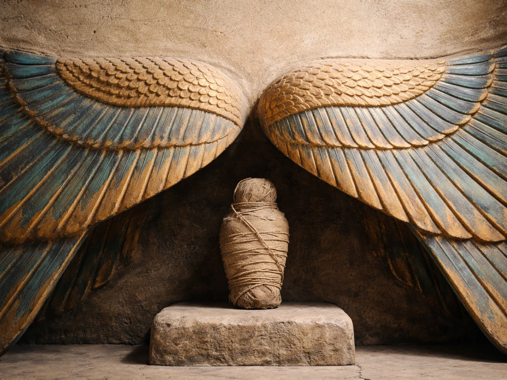 Outstretched Horus wings in Egyptian art motif sheltering a small figure-like object beneath.