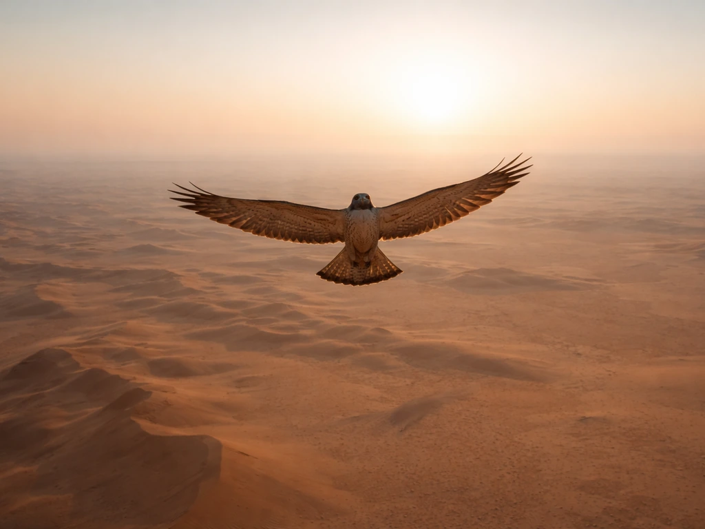 Horus-like falcon soaring over a vast desert horizon at dawn, evoking a high divine perspective.