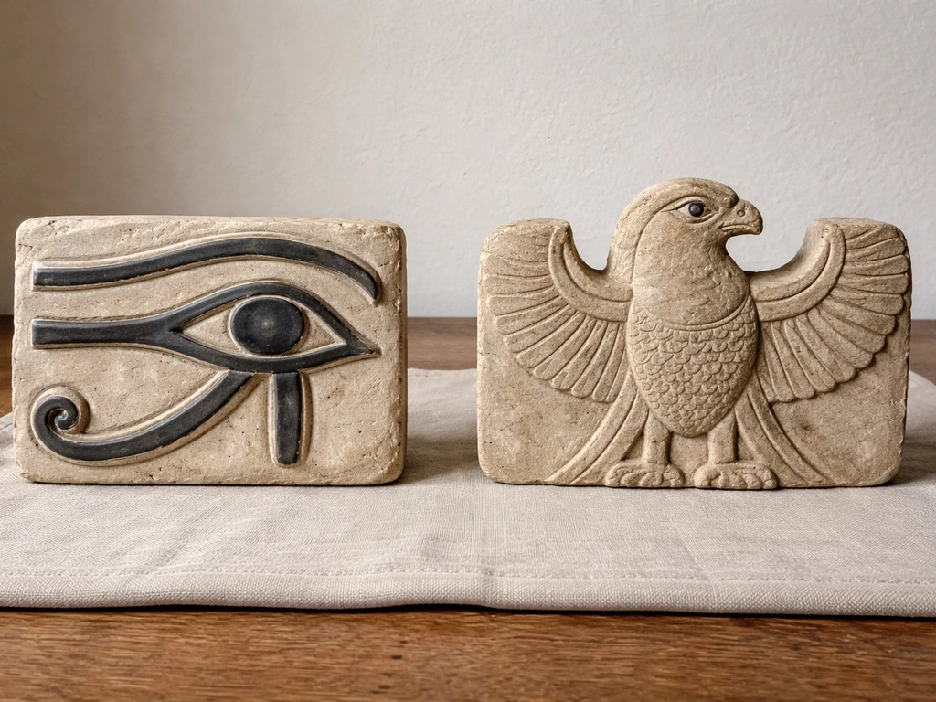 Left wedjat eye carving and right stylized falcon figure carved in stone on a wooden table.