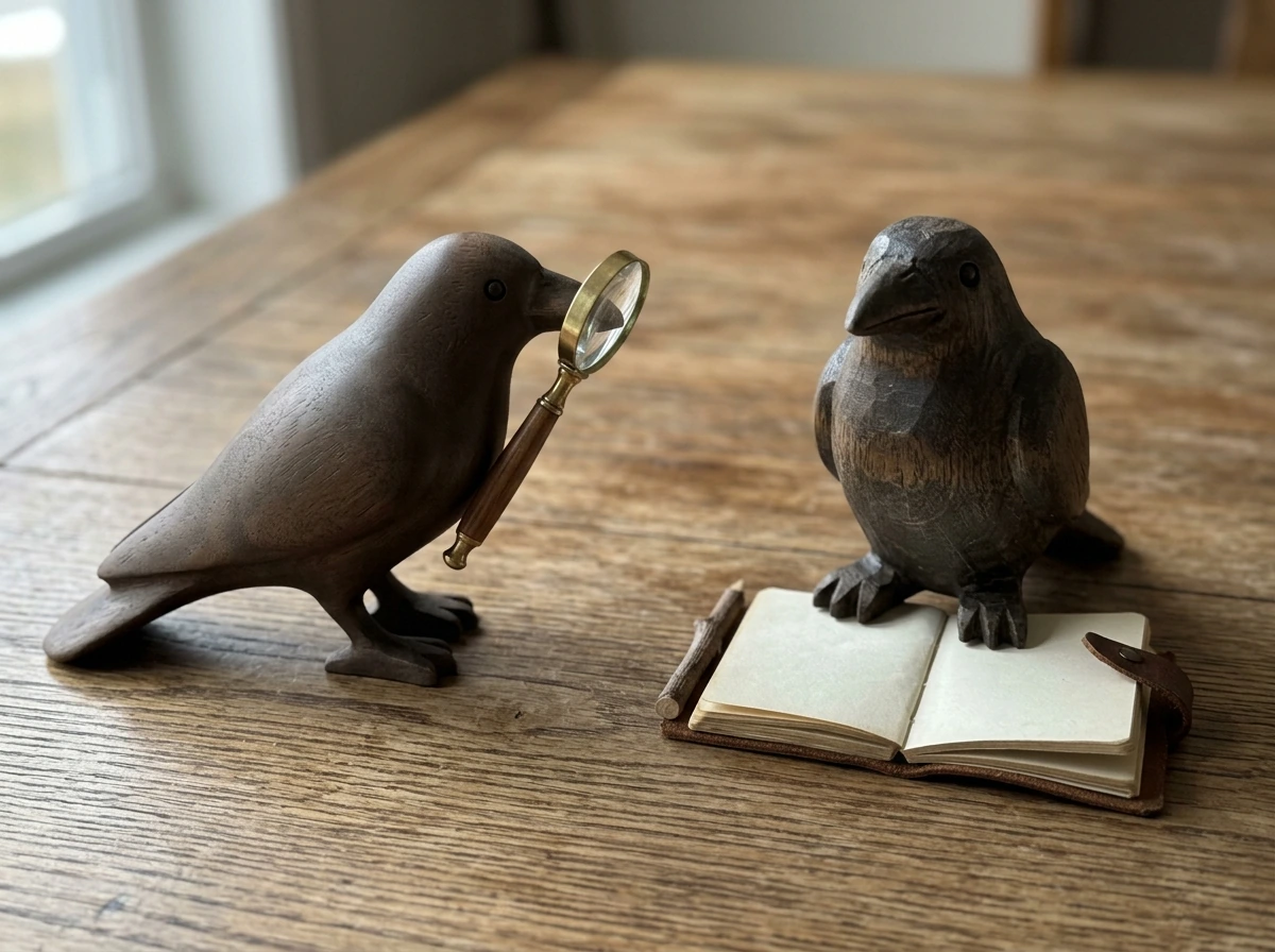 Two ravens posed for thought and memory, representing Huginn and Muninn.