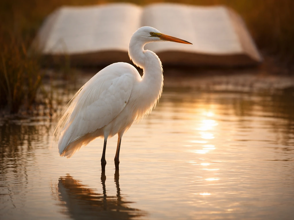 Crane-like bird standing in a golden-hour wetland, with blurred open Scripture pages behind.