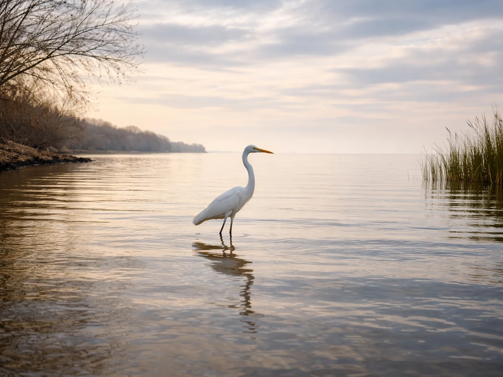 A crane-like bird stands in shallow water at the shoreline as the sky shifts with changing seasons.