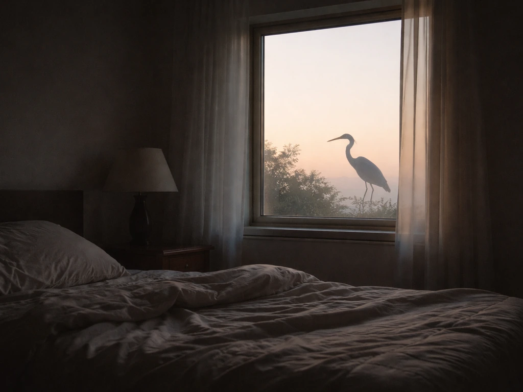 Dim bedside at dawn with a faint crane-like bird silhouette in the window light.
