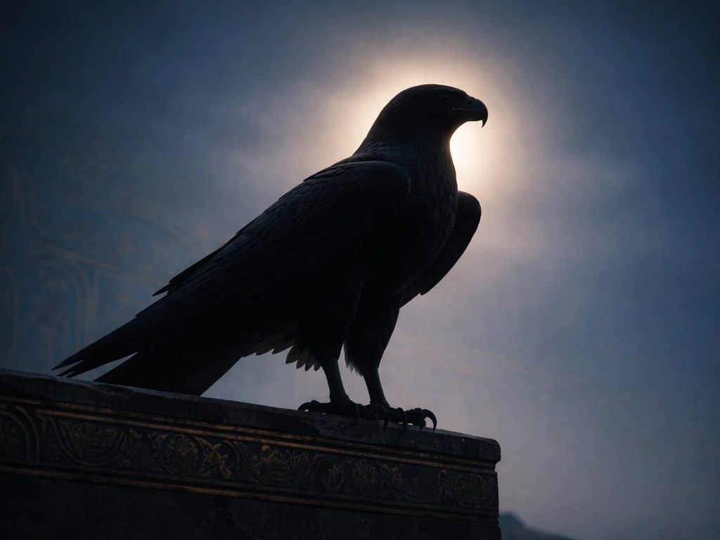 Dramatic silhouette of a sacred Egyptian falcon against a deep blue sky with faint gold accents