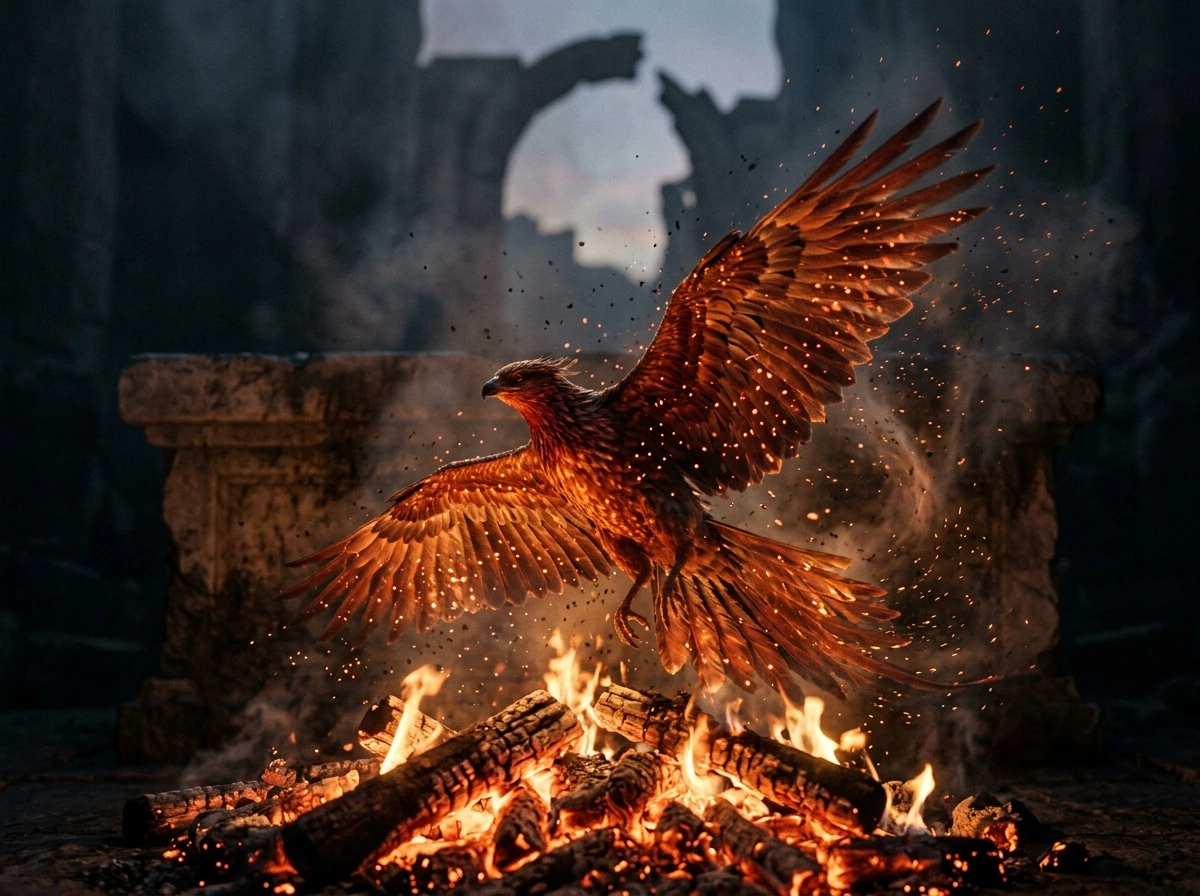 A phoenix rising from embers with contrasting ruins behind it