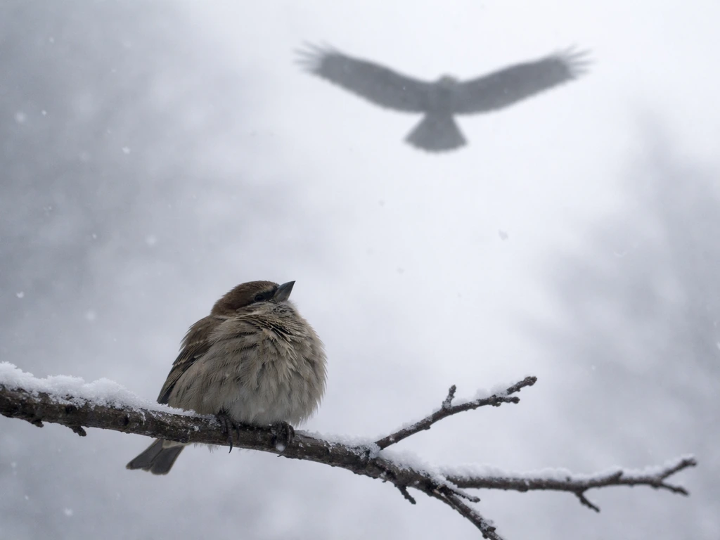 Small freezing bird on a low branch with a looming hawk silhouette overhead in a cold winter sky.