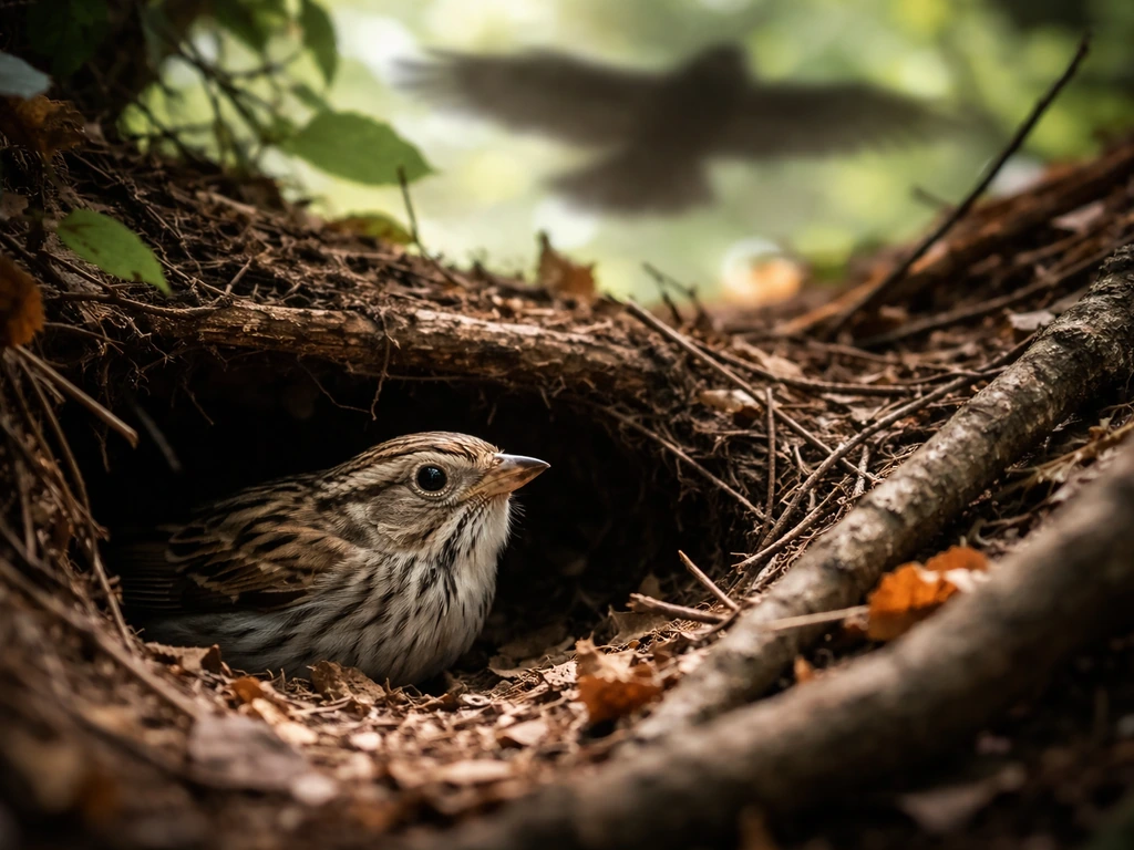 Small bird freezing in a nest hollow as a hawk’s shadow falls overhead among branches and leaves.