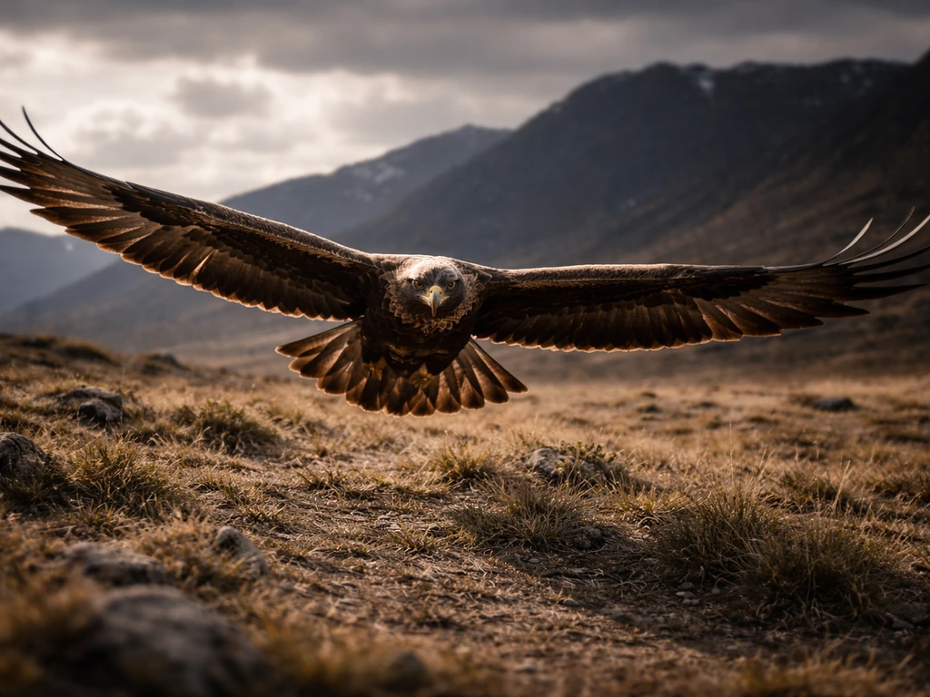 A powerful eagle soaring over open rugged terrain, wings spread wide in dramatic natural light.