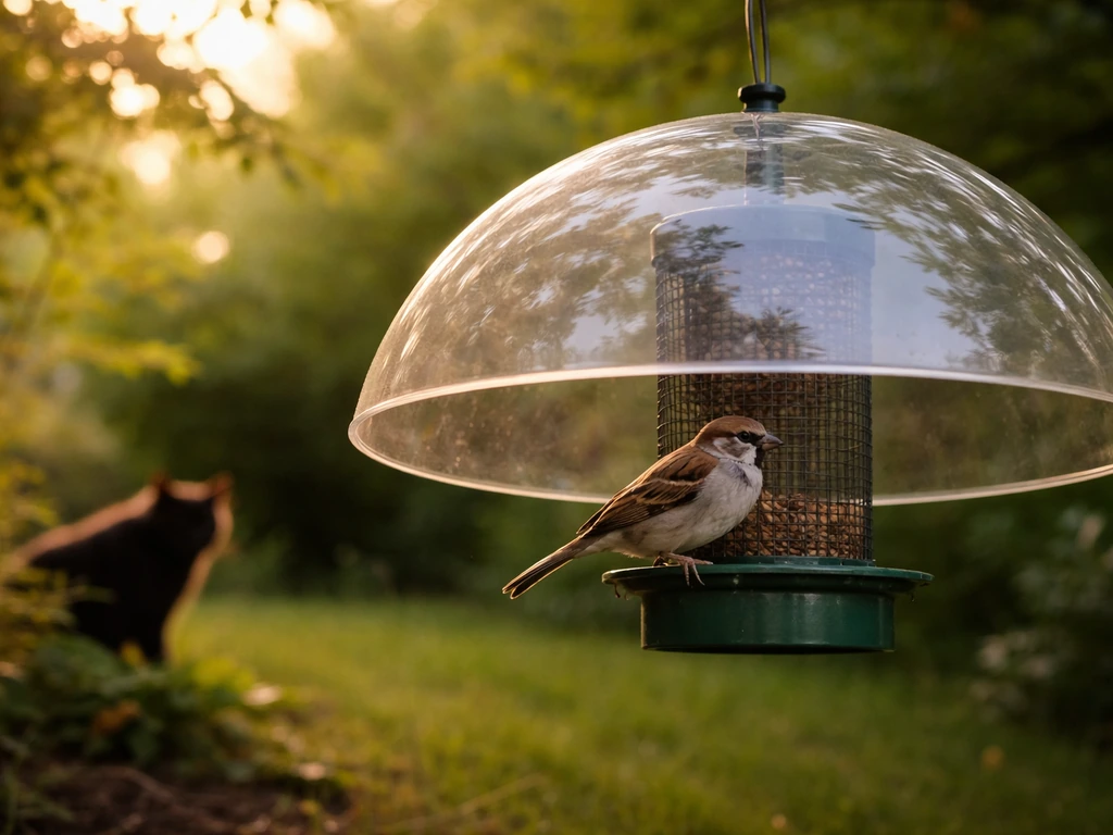 Small bird near a protected feeder shield while a dark predator silhouette lurks at the frame edge.