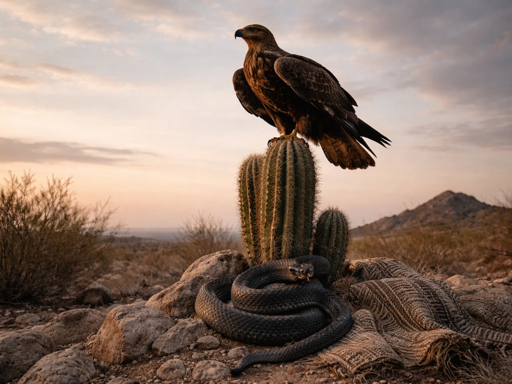 An Aztec-style eagle perched above, with a serpent element below in a symbolic desert sky scene.