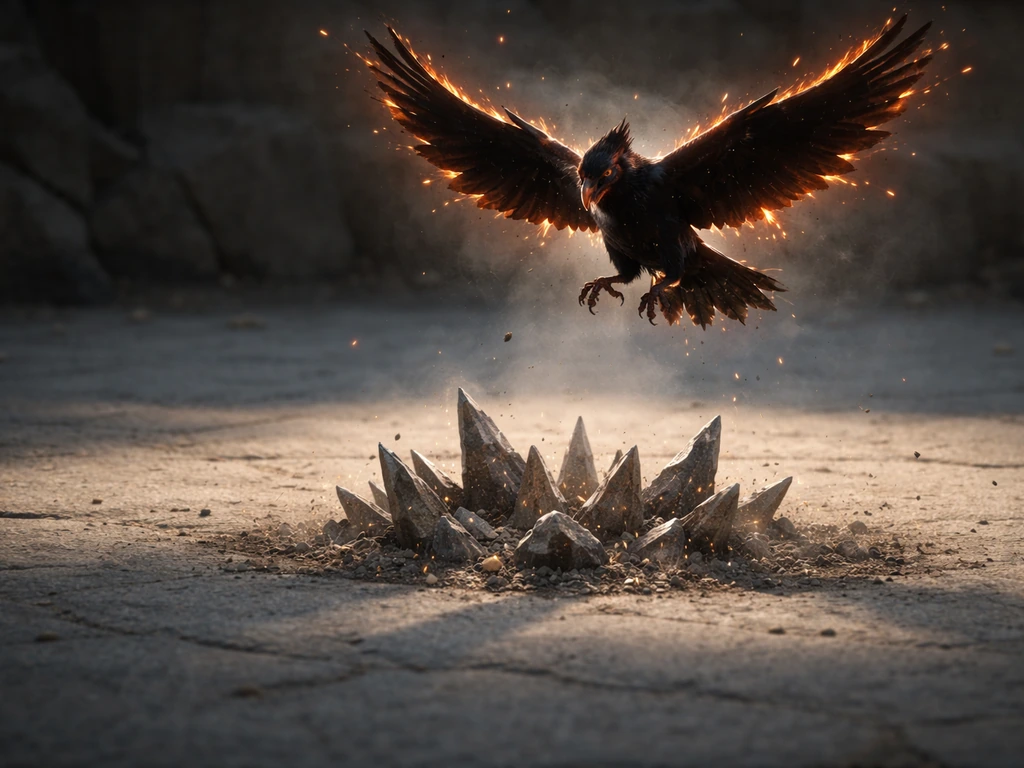 A dramatic fiery bird silhouette hovers over visible Stealth Rock spikes on the ground during a switch-in.