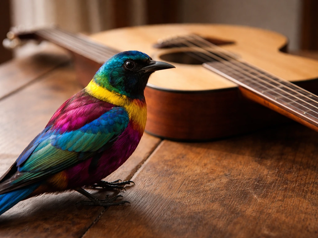 Vibrant bird-of-paradise feathers beside a guitar in soft light, evoking song meaning and chords.