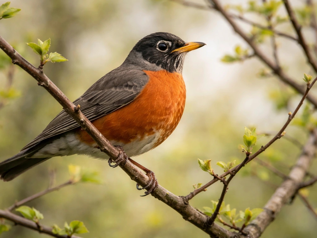 American robin perched on a branch with early-spring buds and soft greenery
