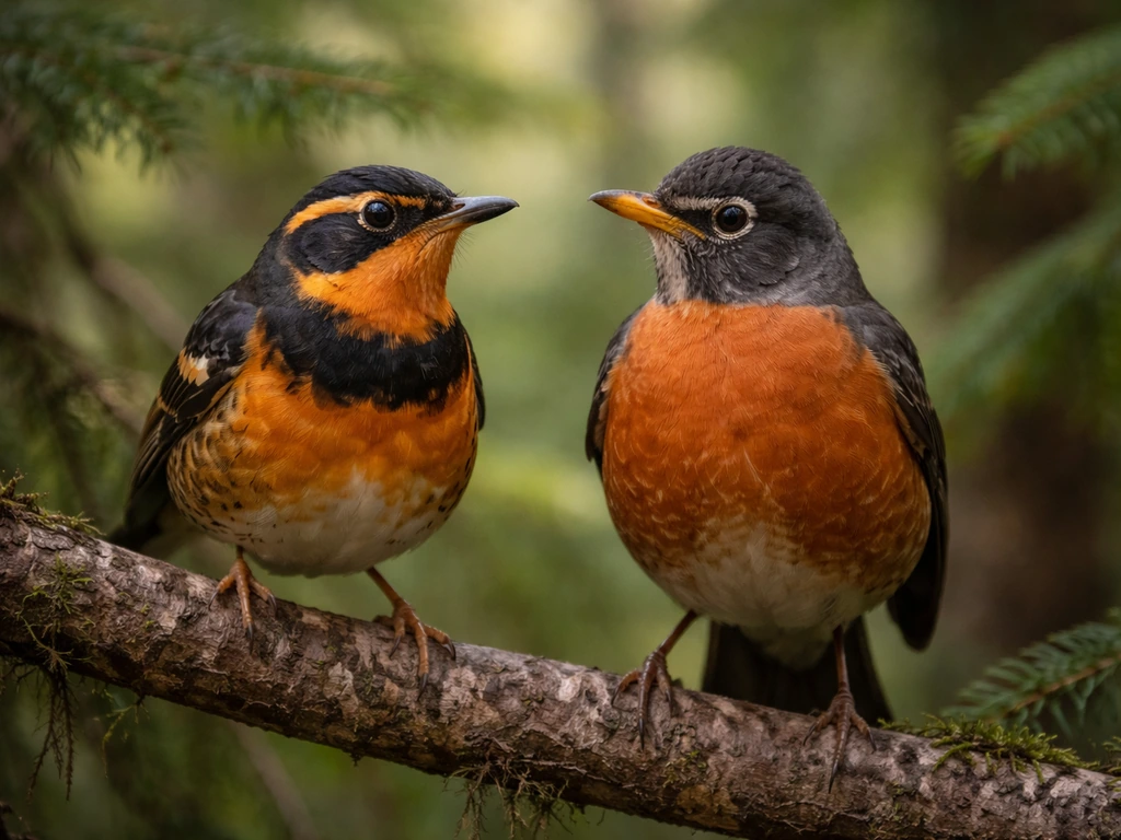 Closeup of a varied thrush and an American robin perched on a branch in a forest.