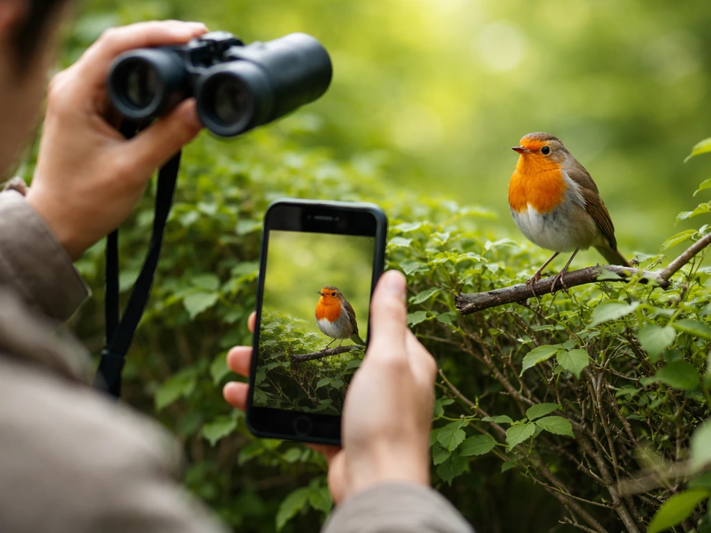 A robin perched as a person scans with binoculars and records with a phone in spring daylight.