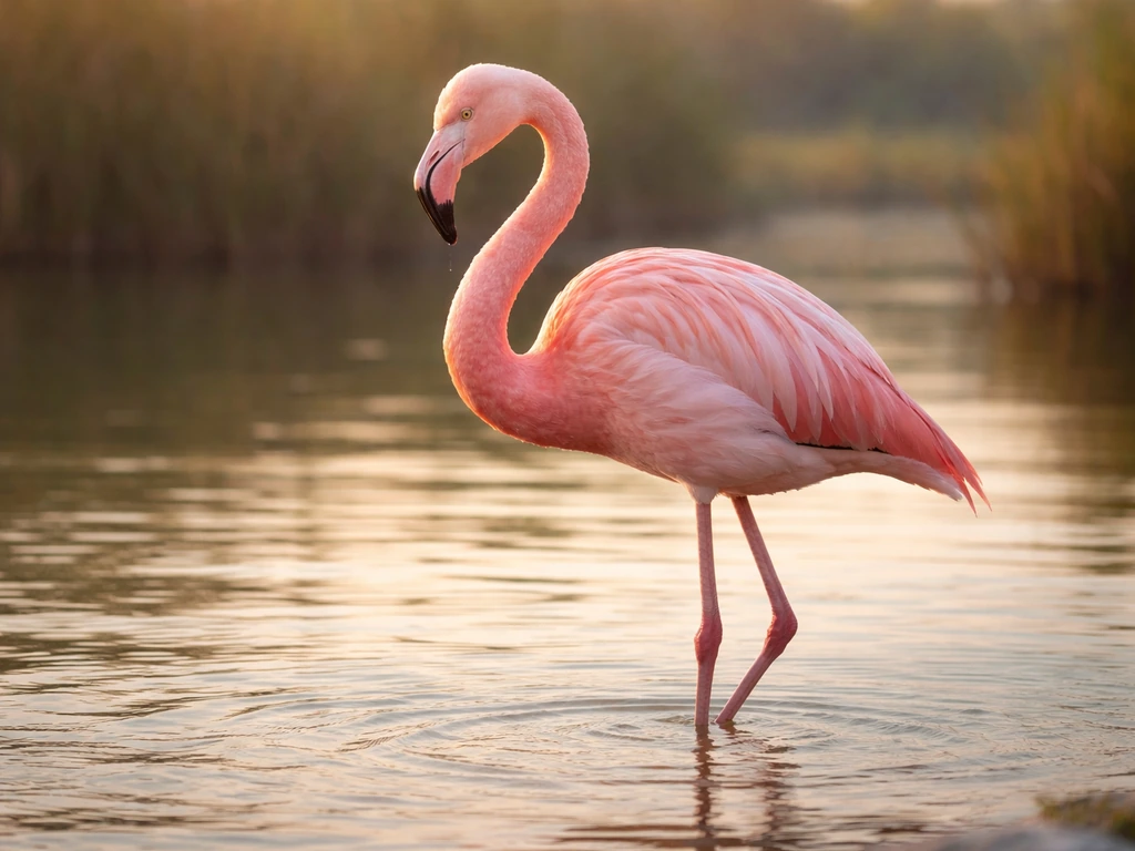 Vivid pink flamingo standing in shallow wetland water with softly blurred reeds behind it.