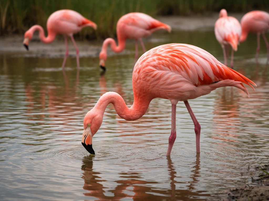 Vivid pink flamingos wading in shallow wetland water with reeds in soft background blur.