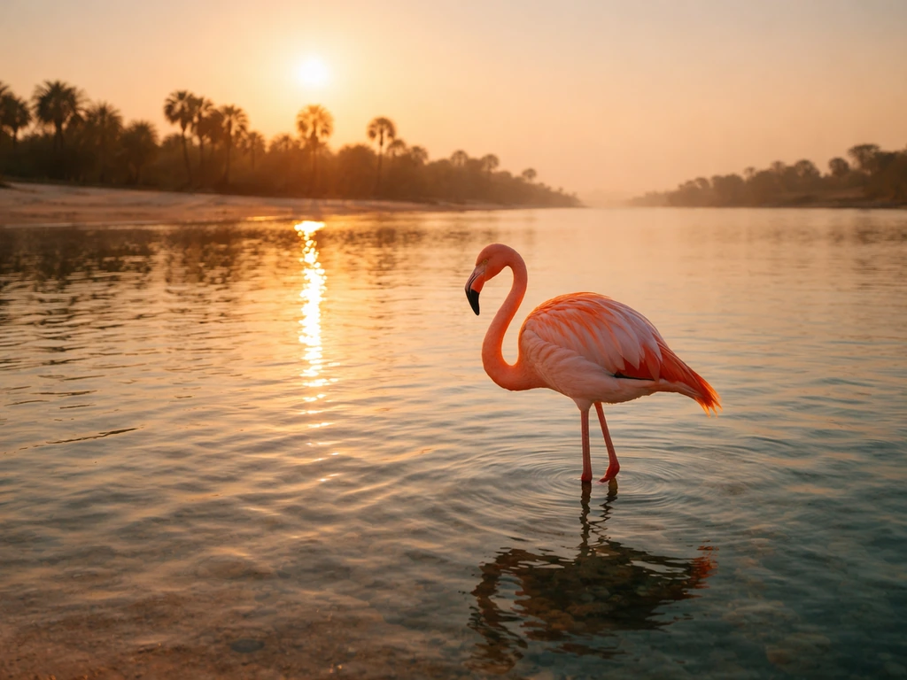 Flamingo wading in shallow Nile-like water under warm golden sunlight near a glowing sun