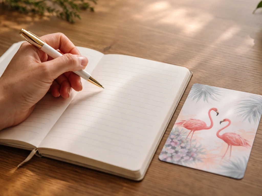 Hand writing in an open journal beside a flamingo affirmation card on a wooden table.