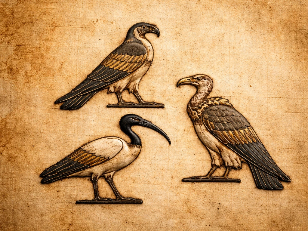Close-up of Egyptian bird hieroglyphs on aged parchment, showing falcon, ibis, and vulture symbols.