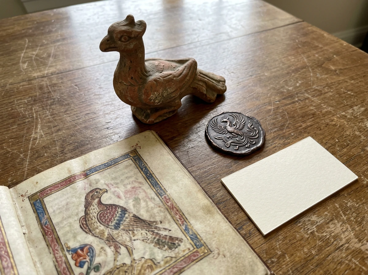 A tabletop collage of phoenix-like motifs from different historical sources and art styles.