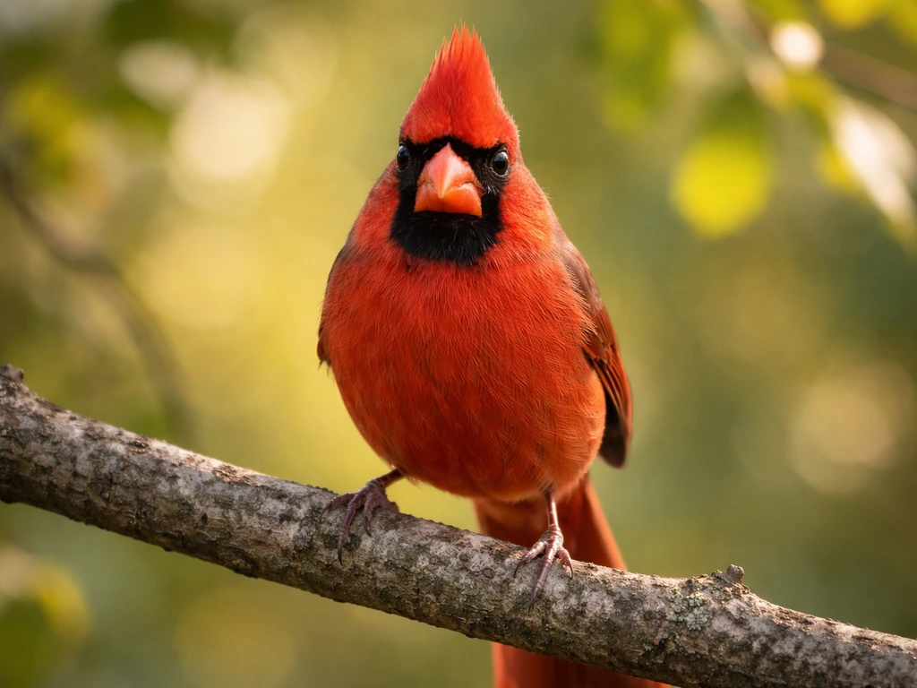 Front-facing Northern cardinal perched on a branch with warm red feathers in soft natural light.