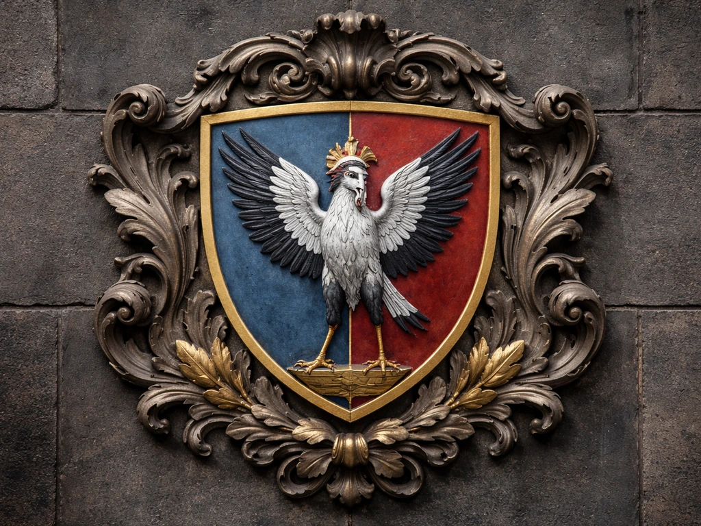 Striking heraldic coat of arms with a secretary bird charge, shield and decorative elements in rich colors.