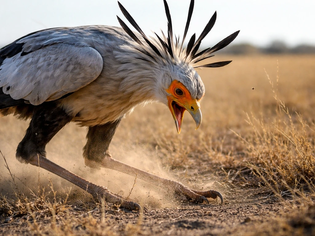 Close-up of a secretary bird striking at prey on open savanna, showing predator control behavior