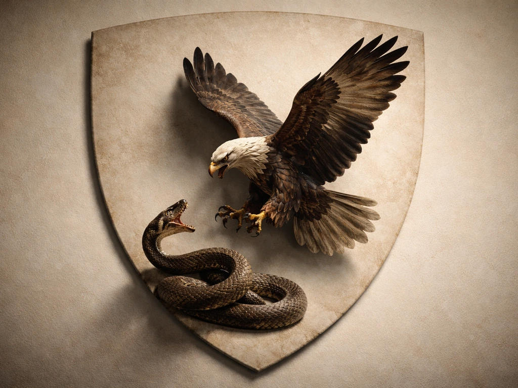 An eagle-like raptor in heraldic pose striking at a coiled snake on a plain shield background.