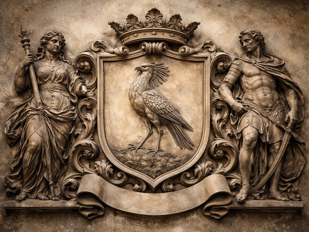 Close view of an antique-style coat of arms showing a secretary bird, flanking supporters, and a scroll motto.