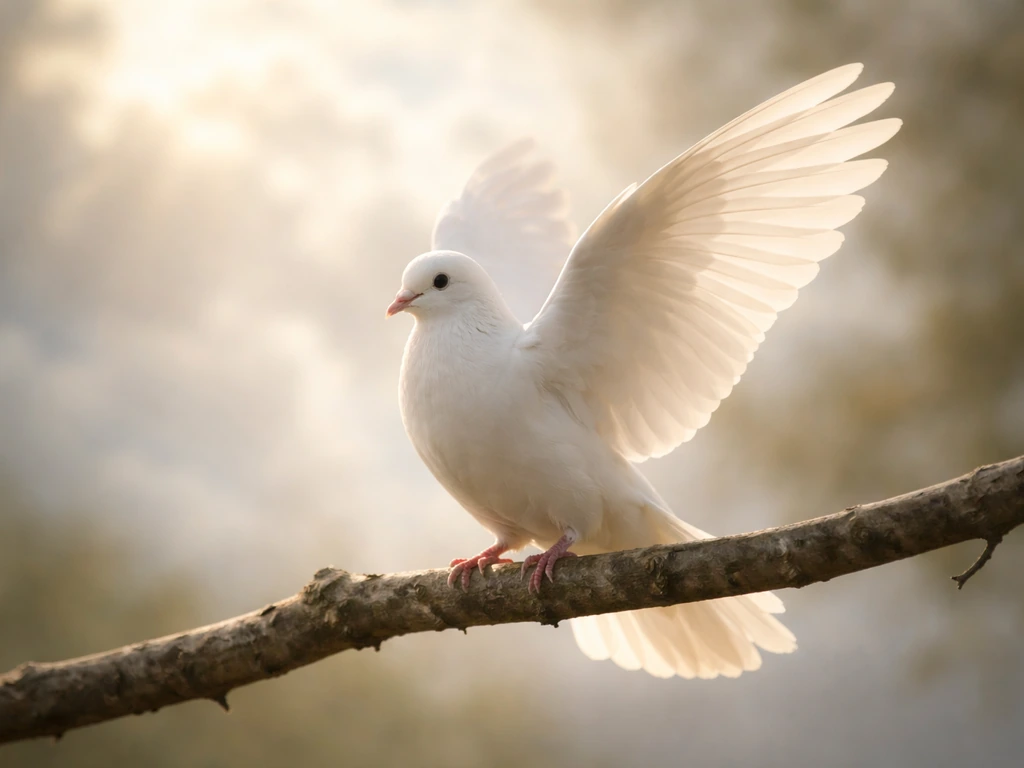 White dove-like bird perched with wings slightly raised against a soft glowing sky