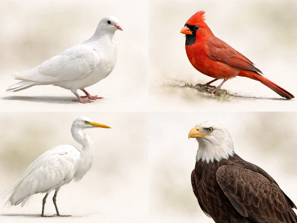 Side-by-side collage of a white dove, red cardinal, white heron, and eagle on a neutral background.