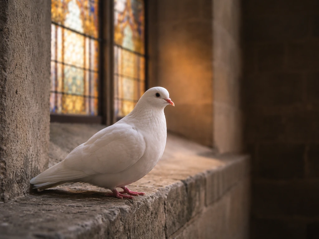White dove perched near a church window, softly lit by warm stained-glass colors.