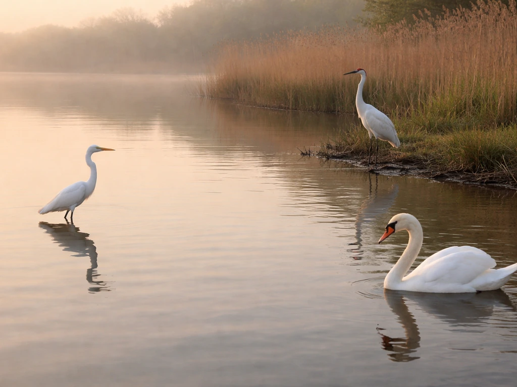 Three distinct white birds—heron, crane, and swan—standing by a calm lake at dawn.