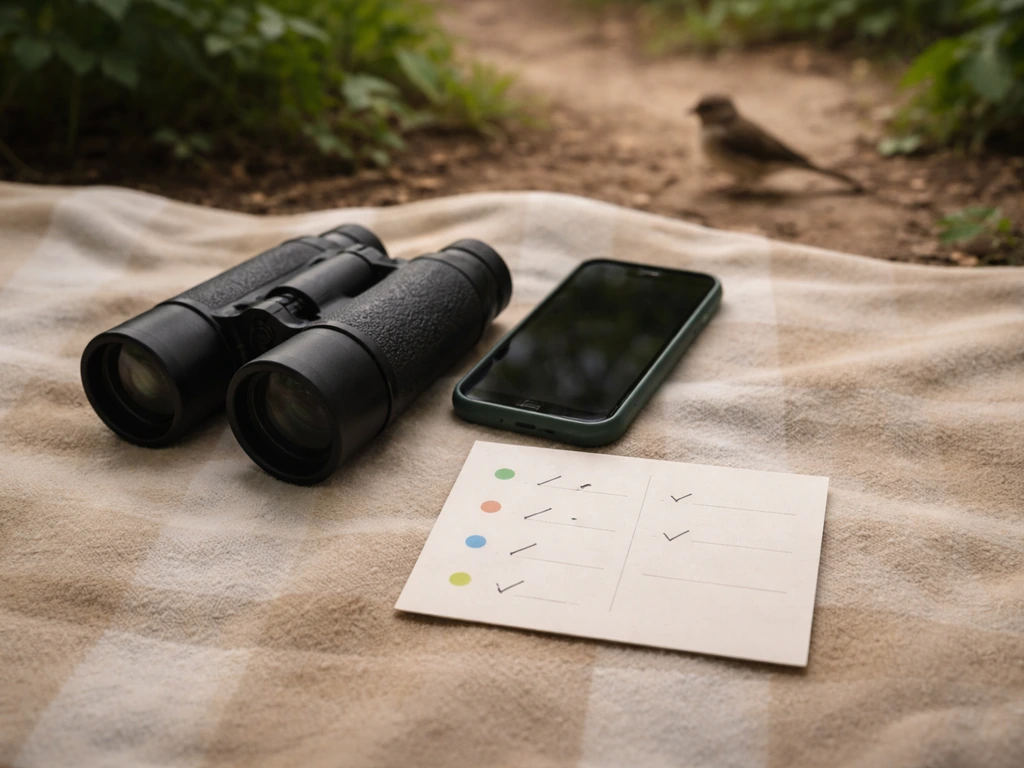 Overhead view of binoculars and phone with a note card, with a small bird blurred in the background.