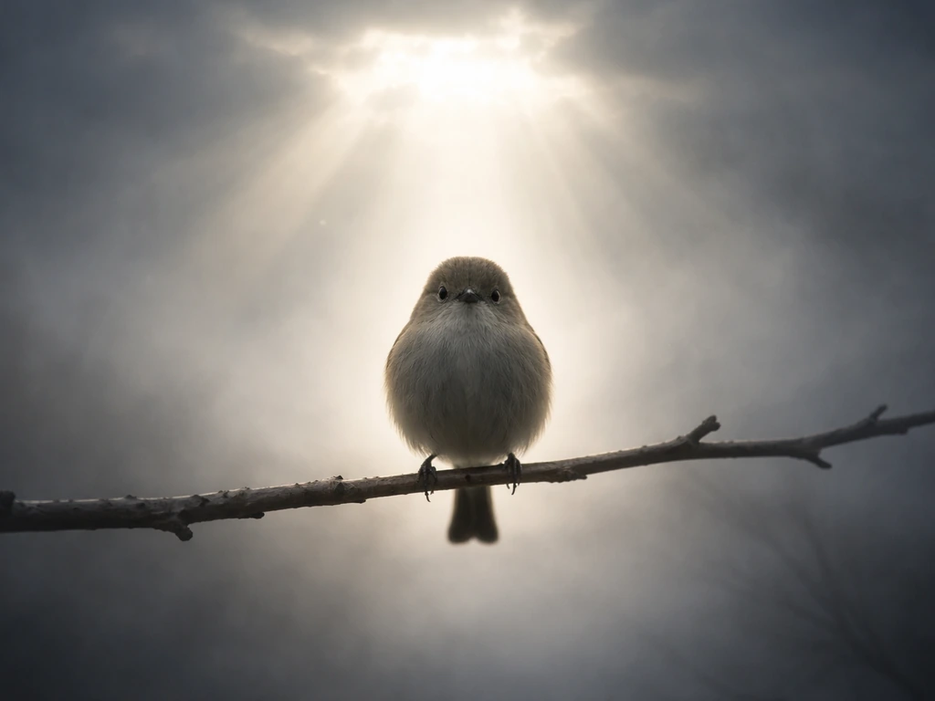 A single bird perched against a misty sky with light rays, creating a hopeful, spiritual omen mood.