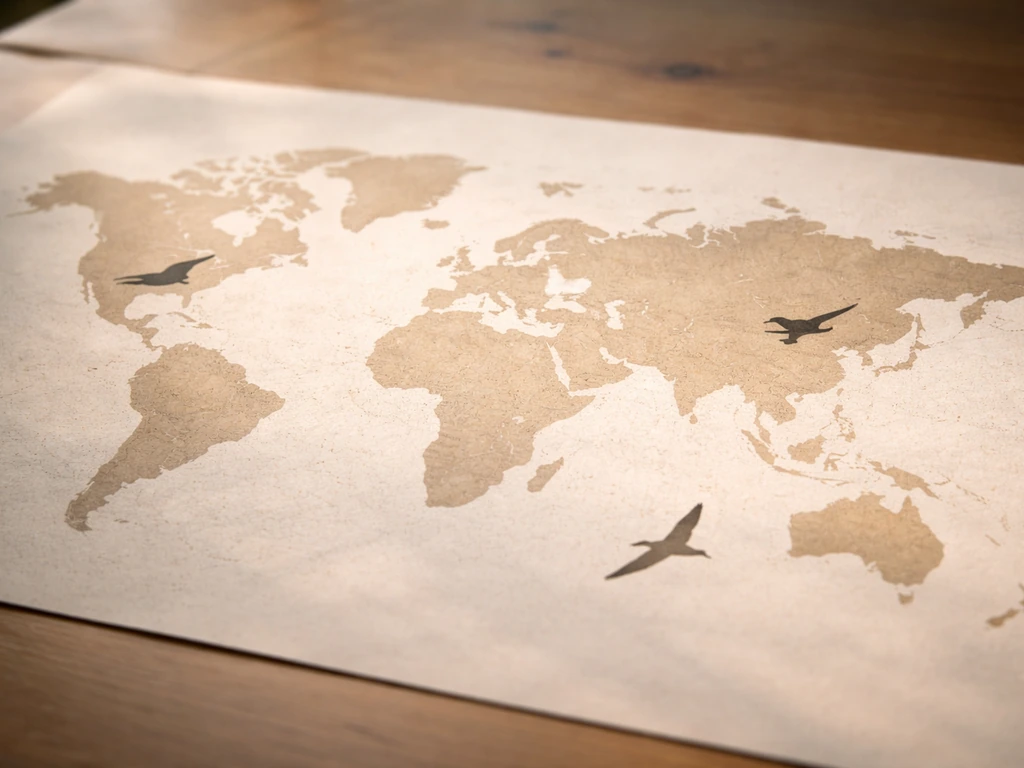 Minimal world map made of subtle bird motifs with dove, crow, swallow, and albatross symbols symbolizing good omens.