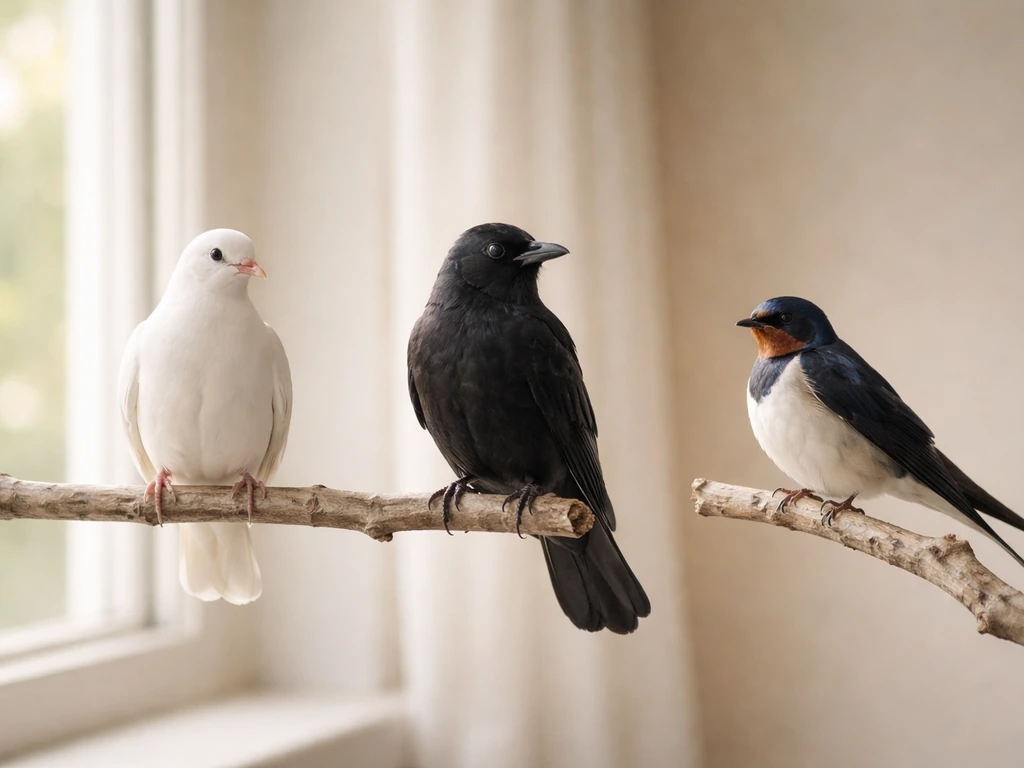Minimal photo of three birds perched near a window, suggesting cultural differences in bird omens