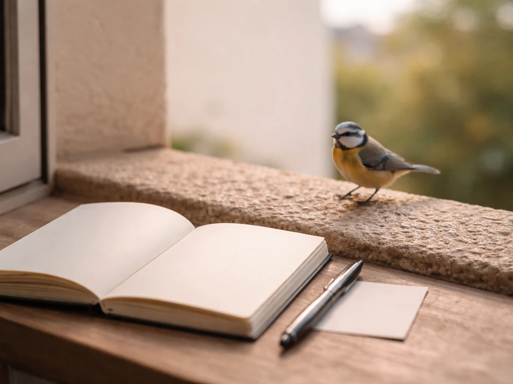 A small bird lands on a balcony ledge beside a notebook and pen for calm journaling.
