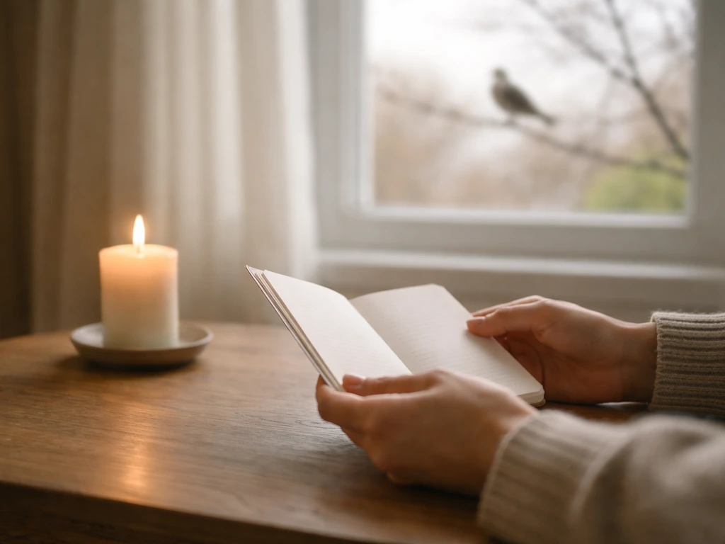 Hands holding an open prayer journal beside a lit candle, with a distant bird seen through a window.