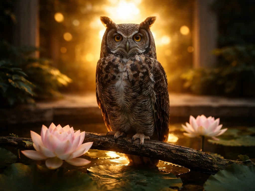 Golden owl perched beside lotus blooms with warm prosperity light and subtle coin-like bokeh