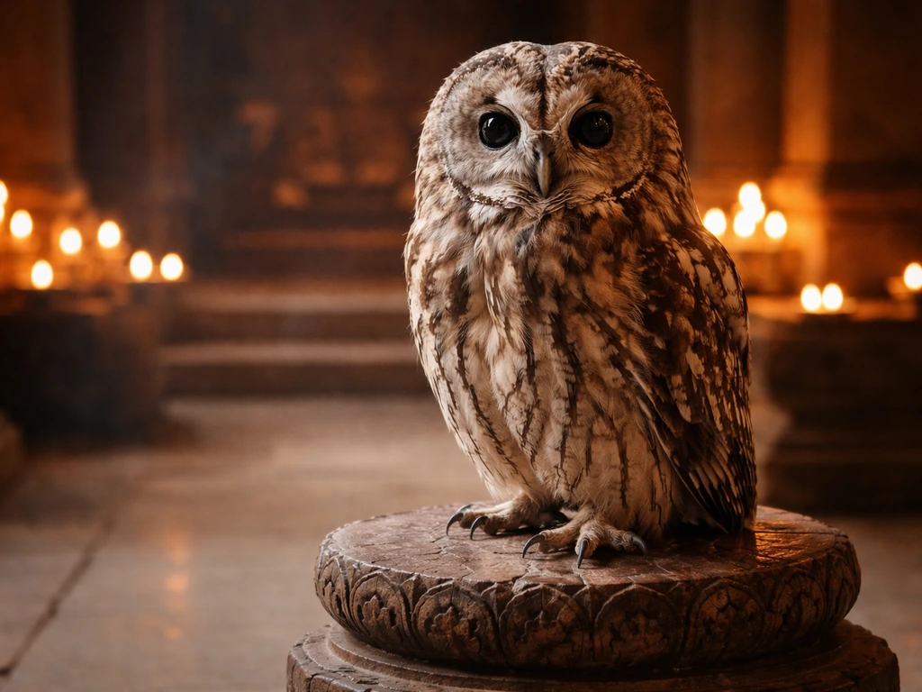 An owl perched near warm oil lamps in a simple devotional setting, softly lit and calm