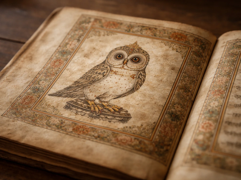 Close-up of an open aged Hindu manuscript page with an illustrated owl shown as a vahana for Lakshmi.
