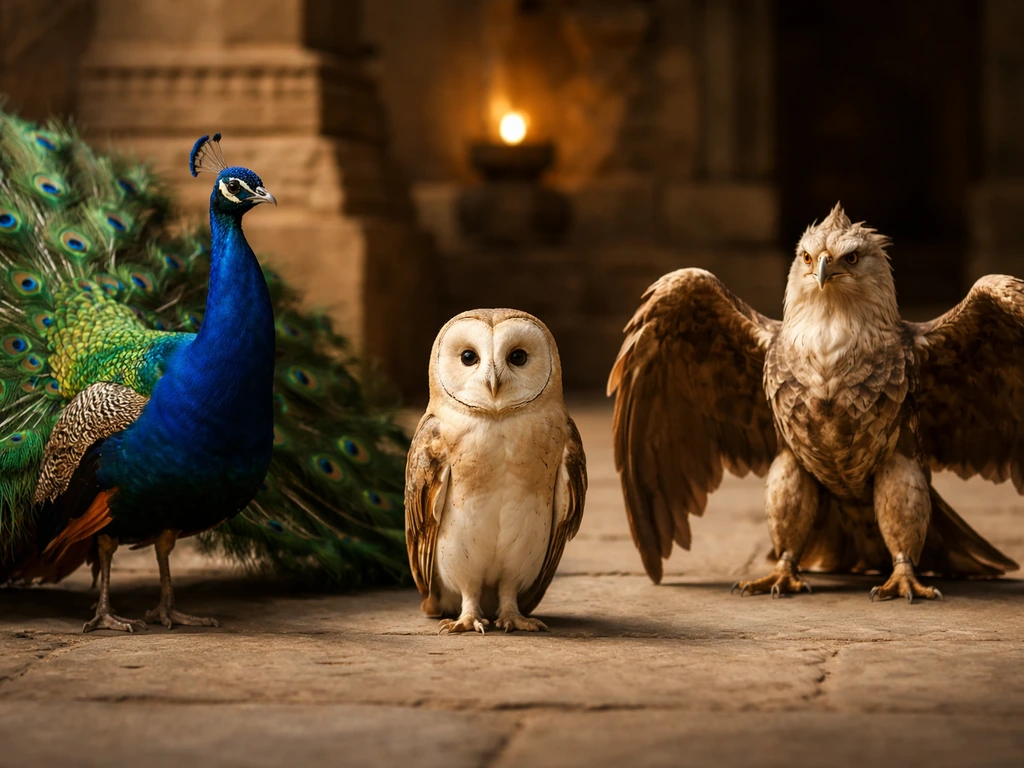 Minimal scene with a peacock, an owl, and a stylized garuda-like bird near a softly lit temple lamp